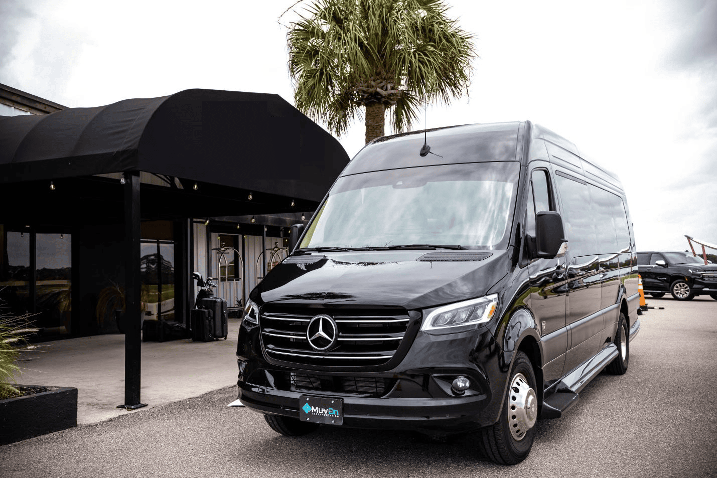Black Mercedes-Benz Sprinter van parked by building